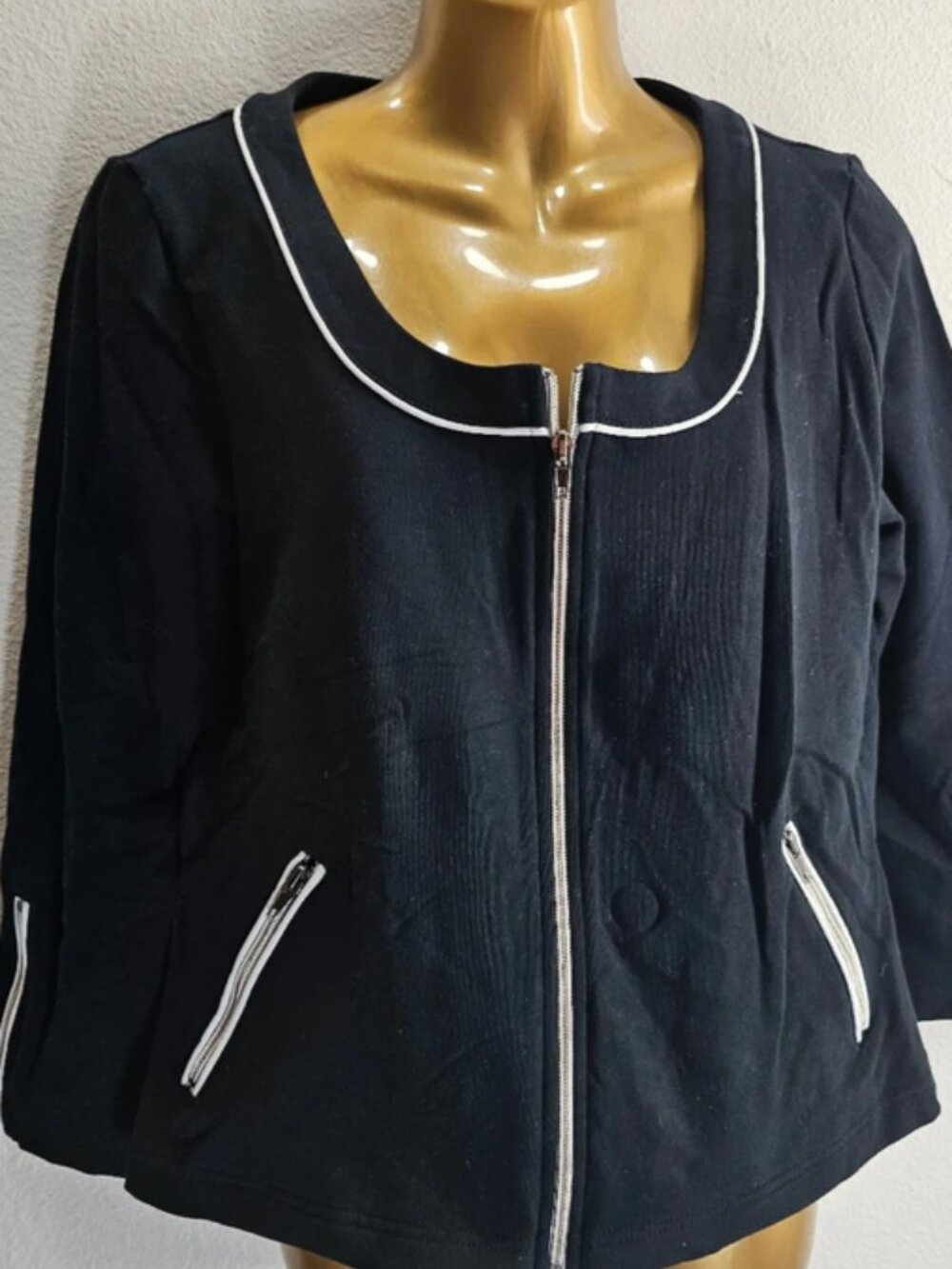 Boston Proper Black W/White Piping Zip Jacket size M
